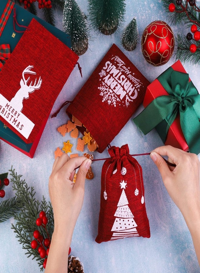 Mimind 24 Pack Christmas Linen Bags with Drawstrings - 7 x 5 Inch Burlap Gift Bags for Party Favor, 12 Designs, Wine Red - Image 5